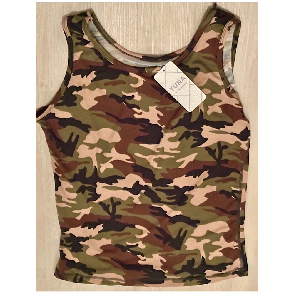 Yuna Fashion Camo Tank Top Size L Green Brown Camouflage Stretch New With Tags